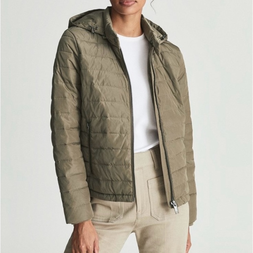NWT REISS Sonia Khaki / Olive Green Lightweight Puffer Jacket w/ Detachable Hood